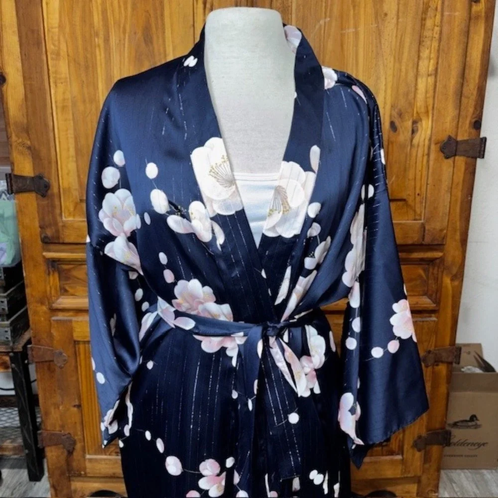 Ichiban Japanese Kimono Robe Navy Blue Pink Floral Cherry Blossom Metallic Japan